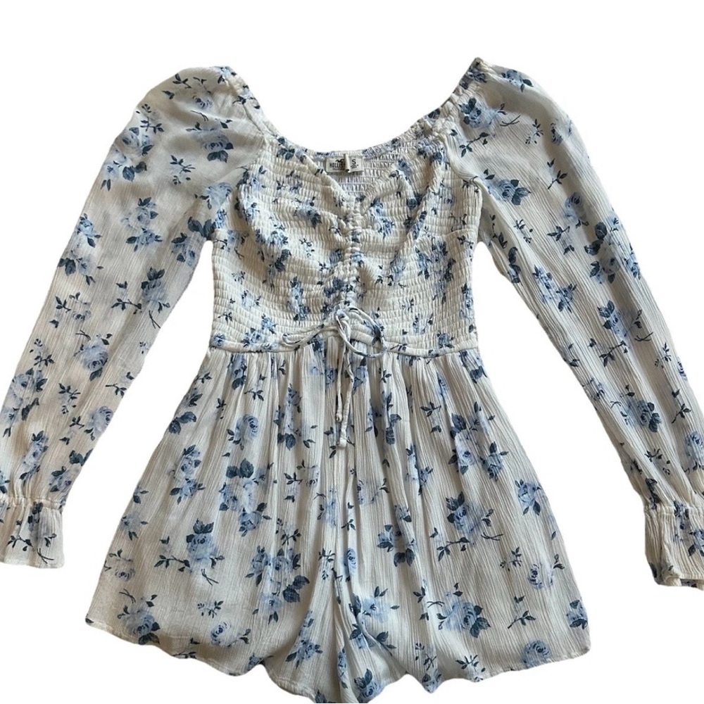 Hollister Floral Play Suit Babydoll Romper Blue/White Milkmaid Beachy Coquette-S
